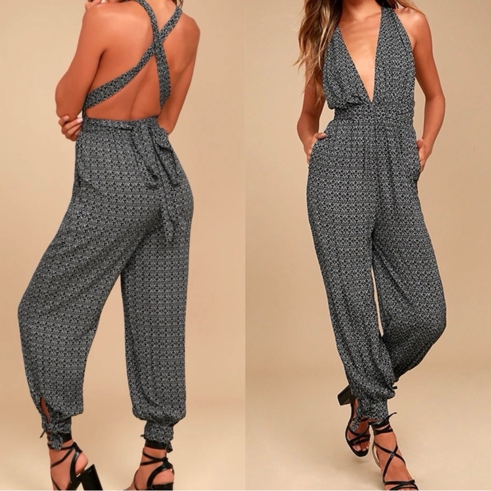 Take a Trip Black Print Halter Jumpsuit - M